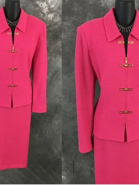 BEAUTIFUL St John collection knit pink jacket skirt suit size 12 - Picture 2 of 10